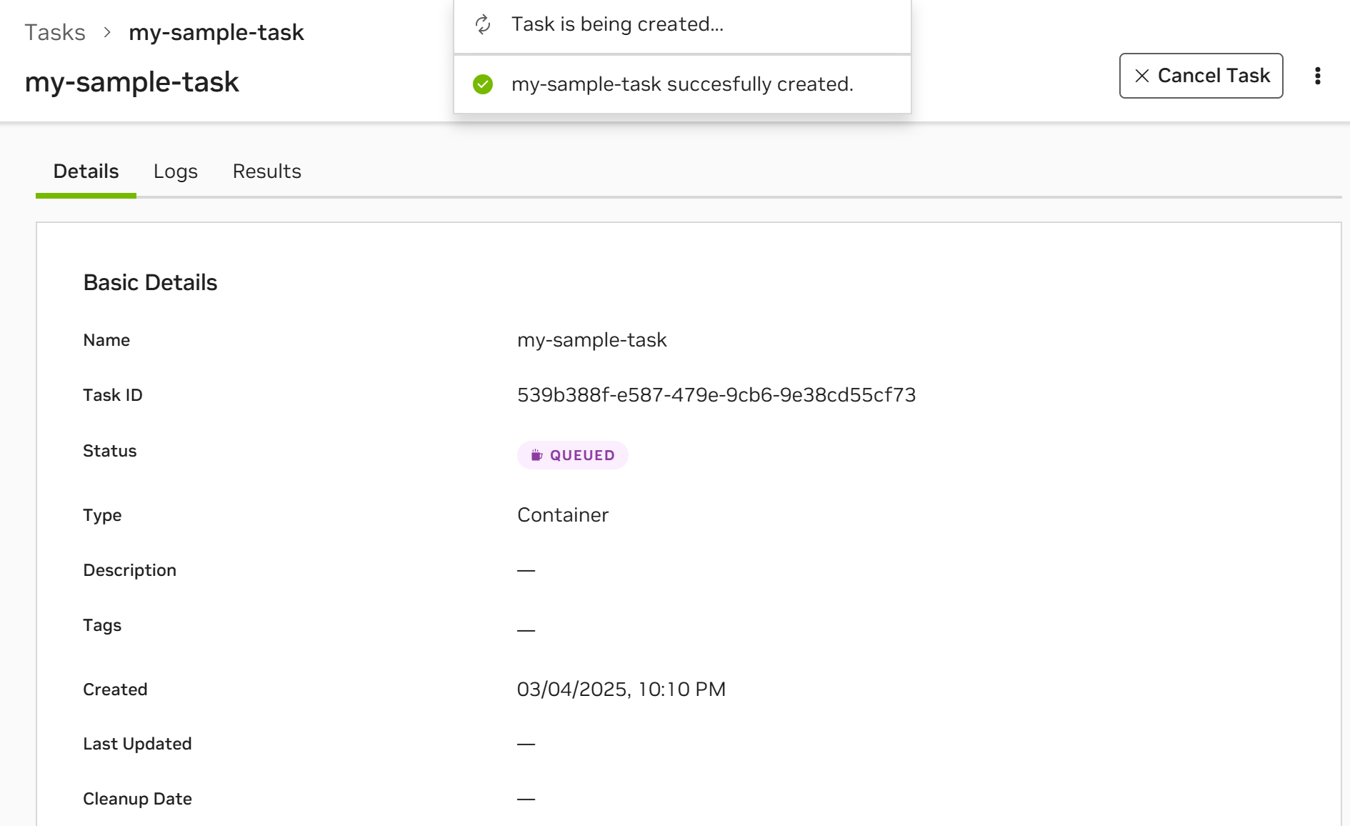 Task list showing QUEUED status