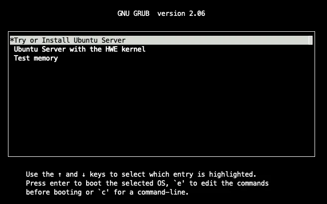 GRUB menu with Try or Install Ubuntu Server highlighted