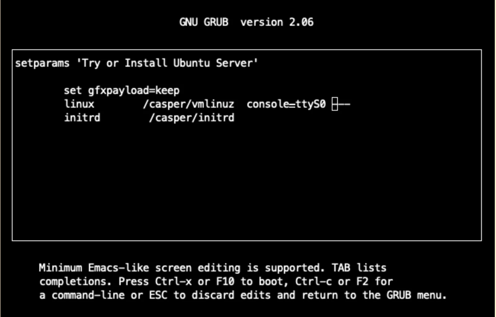 GRUB editor with console=ttyS0 added to the linux line