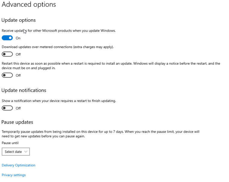 Windows Update Options.
