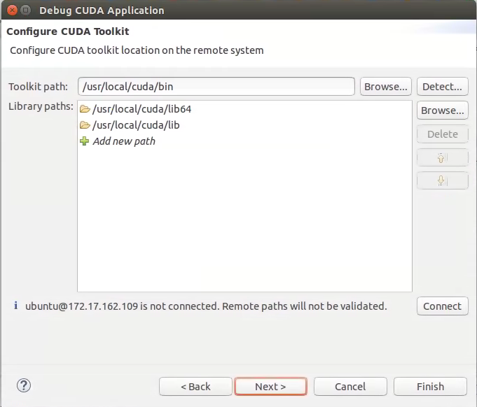 Nsight's Debug CUDA Application Wizard - Specifying gdbserver/library path