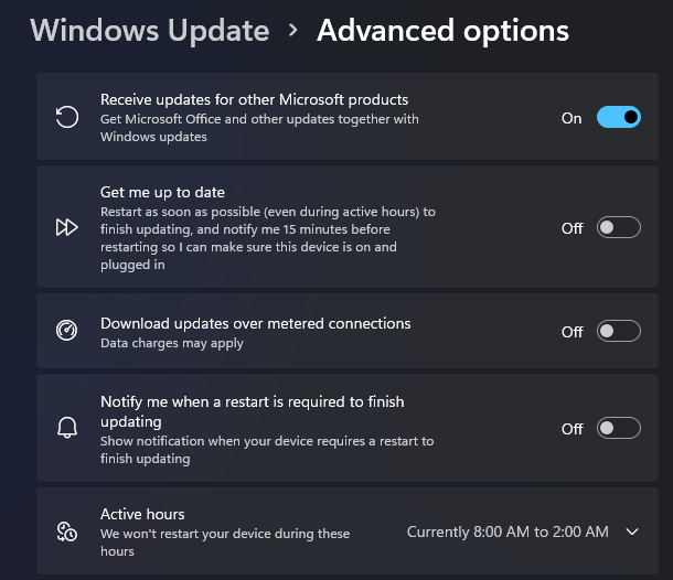 Windows Update Advanced Options