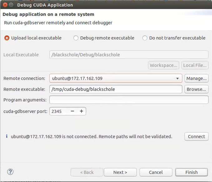 Nsight's Debug CUDA Application Wizard - Selecting executable