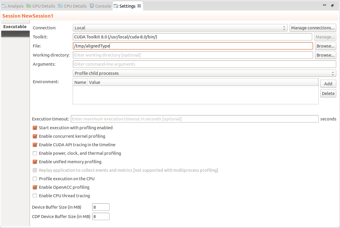 Settings View dialogue box. Allows you to specify execution settings for the application being profiled.