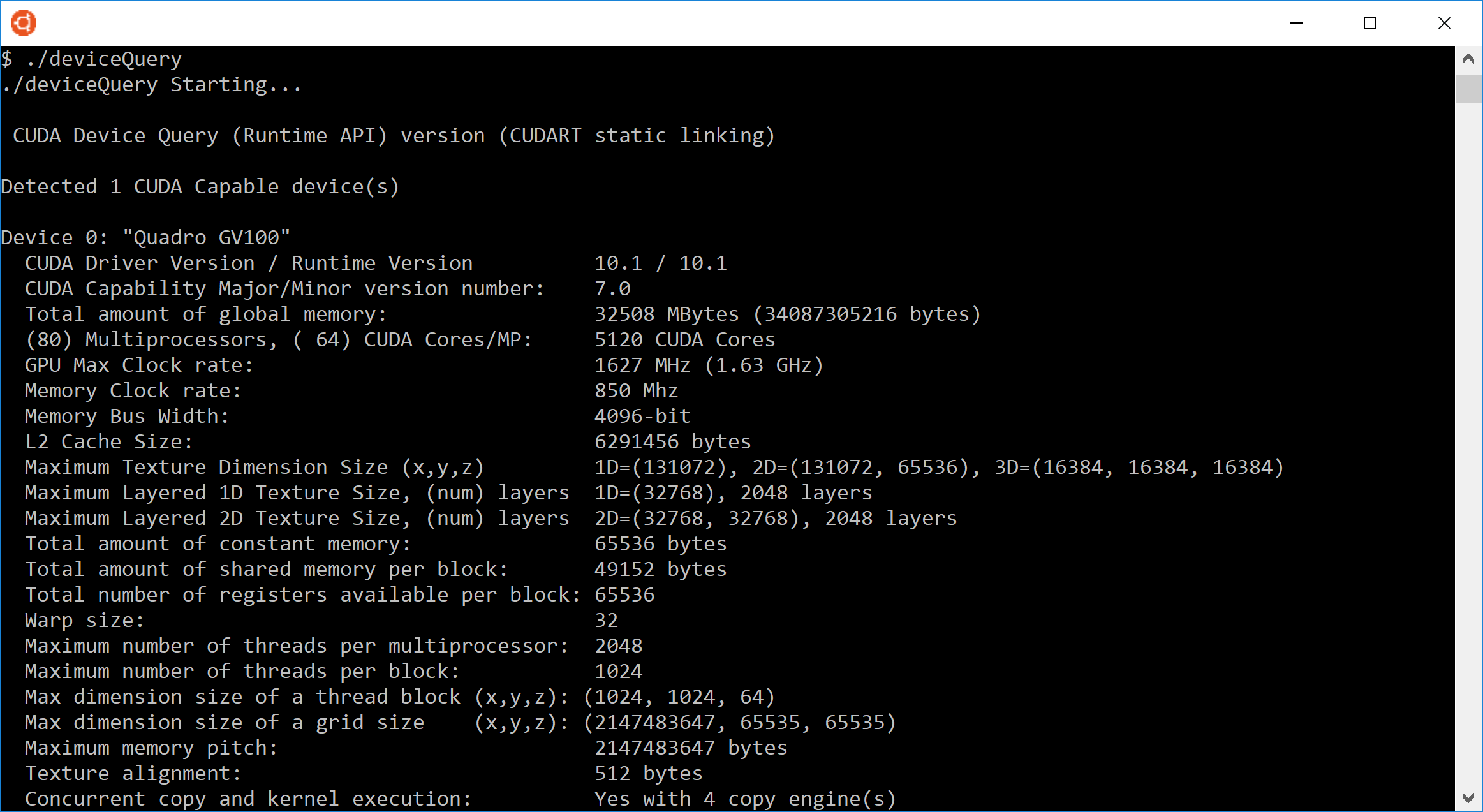 Sample CUDA configuration data reported by deviceQuery