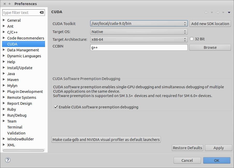 Cuda toolkit preference page