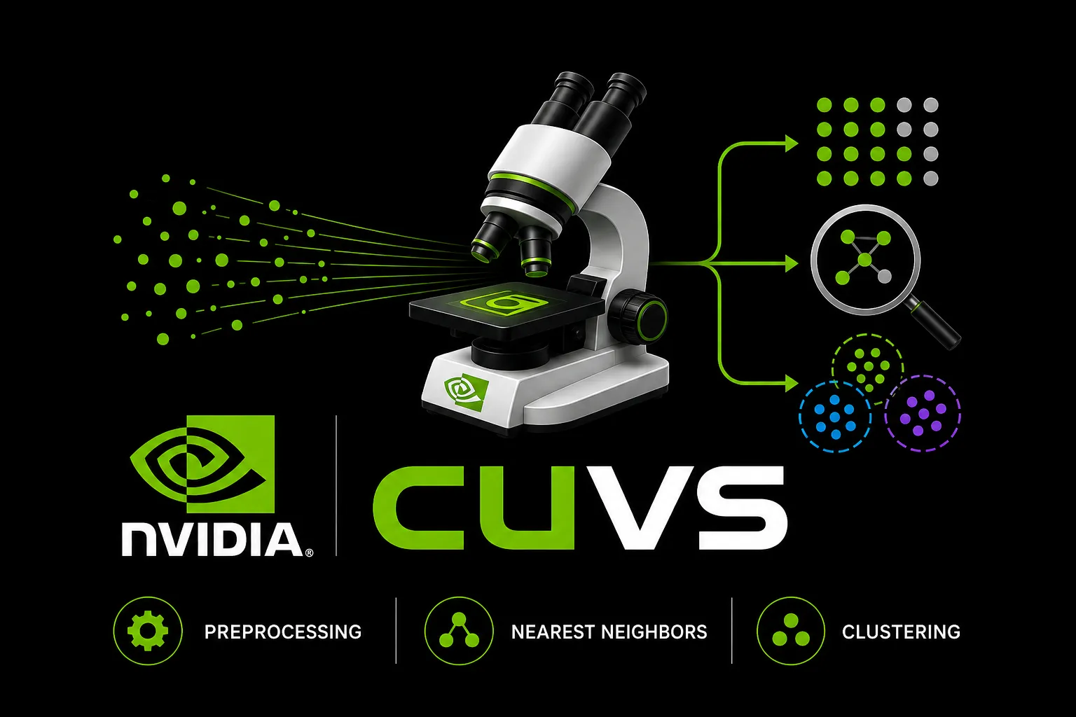 NVIDIA cuVS accelerates preprocessing, nearest-neighbor search, and clustering on the GPU.