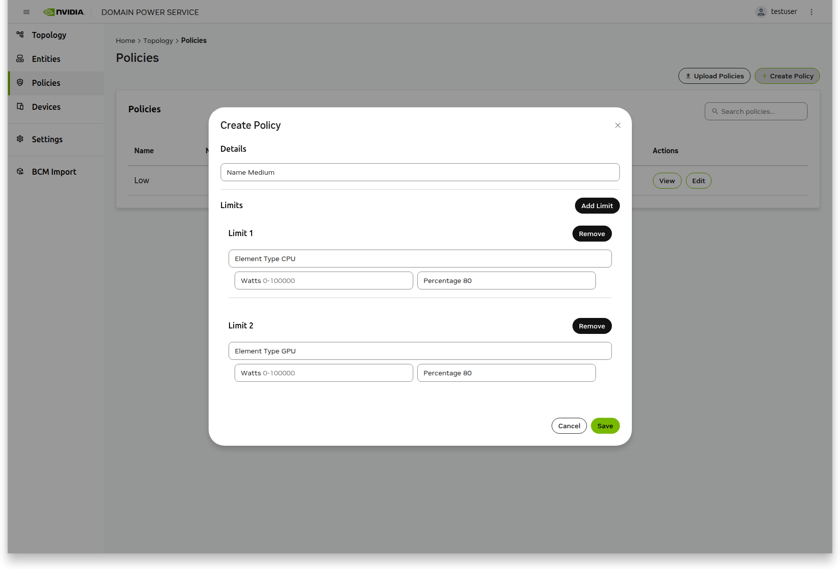 Create Policy Dialog