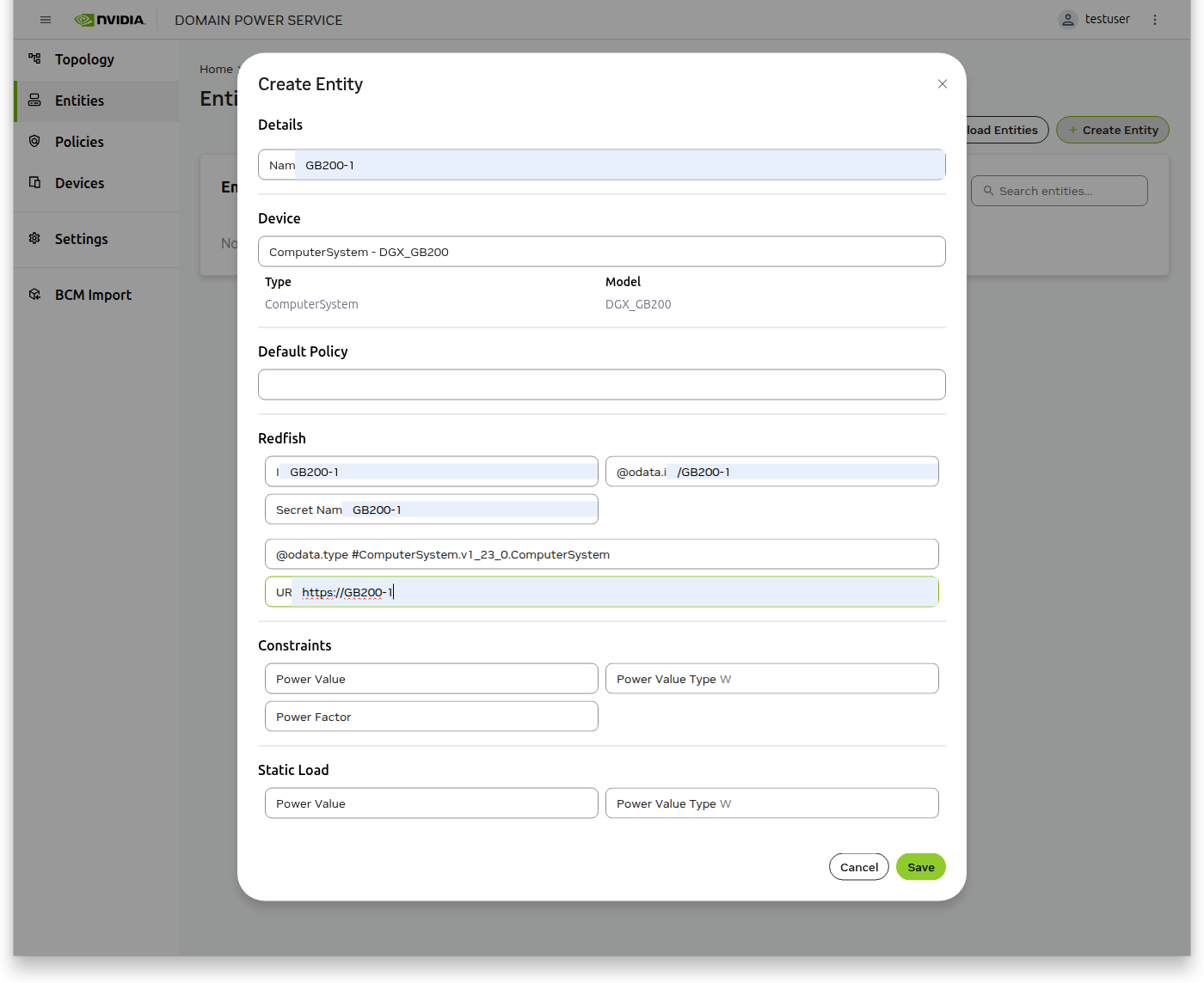 Create Entity Dialog
