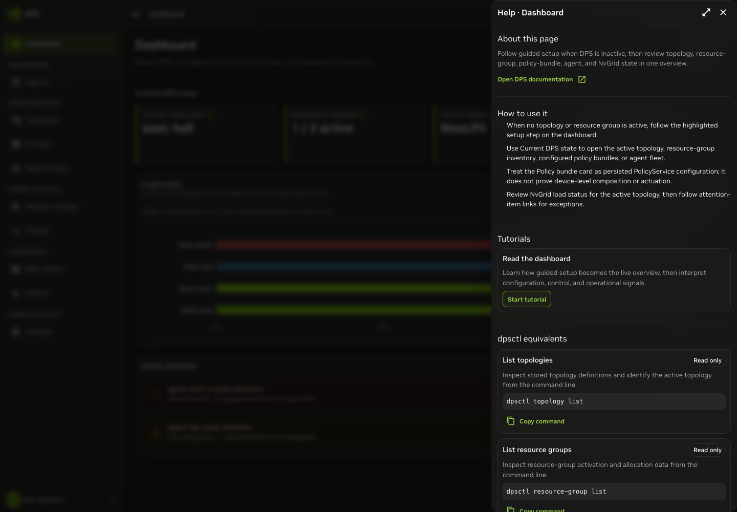 Dashboard Page Help drawer with contextual guidance and tutorial controls.