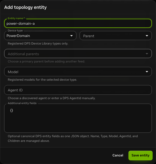 Topology Builder entity editor configured for the power-domain-a PowerDomain root.