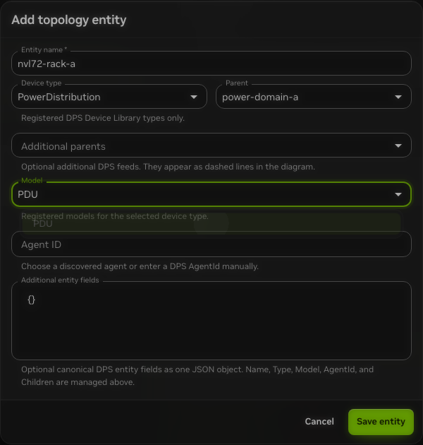 Topology Builder editor with nvl72-rack-a configured as a PowerDistribution PDU and explicitly parented to power-domain-a.