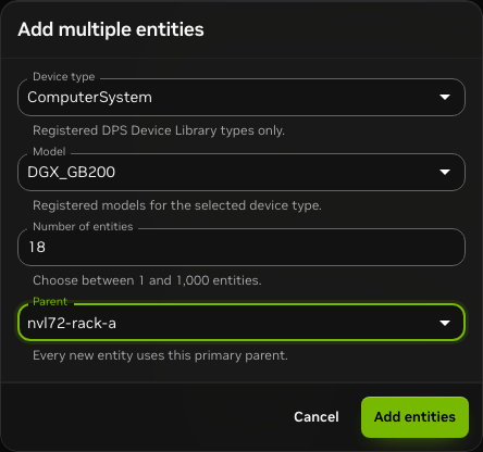 Topology Builder Multi-add form configured for 18 DGX_GB200 ComputerSystem entities under nvl72-rack-a.
