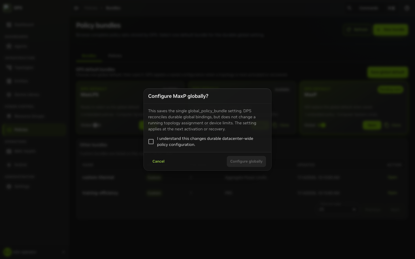 Confirmation dialog for selecting the first global policy bundle.