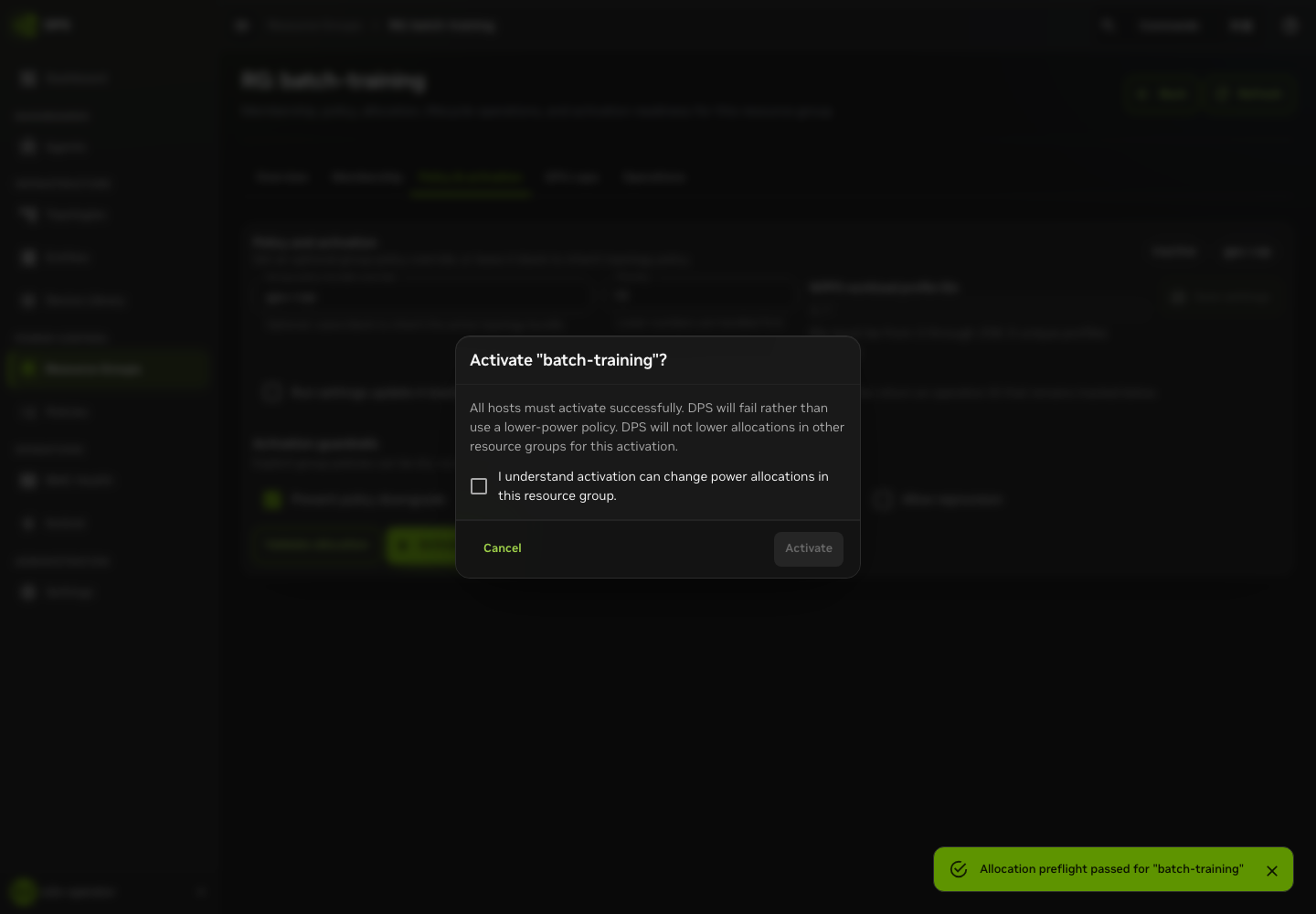 Resource-group activation confirmation dialog.