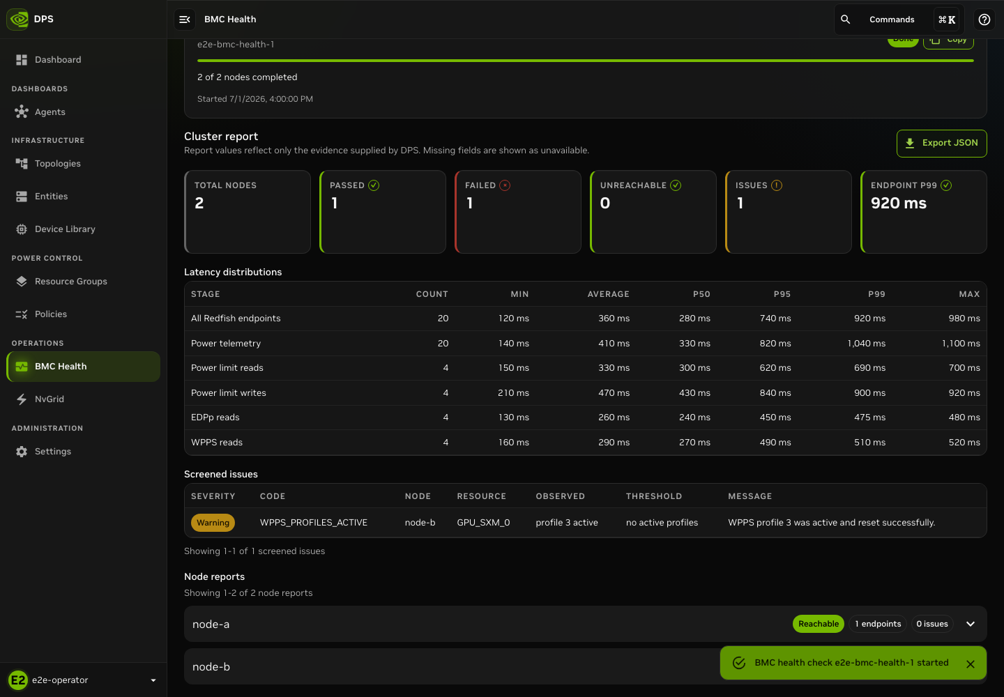 Read-only BMC health report with cluster and node results.