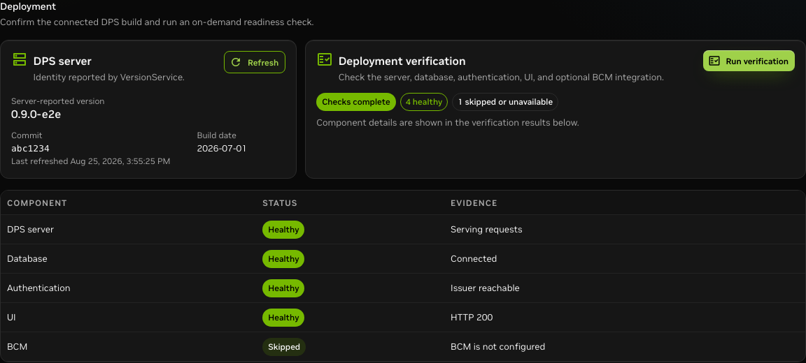 Deployment verification results showing component evidence and an optional BCM result.
