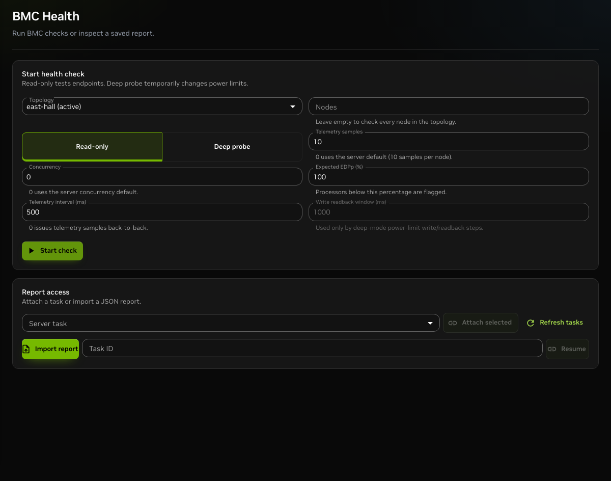 BMC Health start screen with Read-only selected and task report access controls.