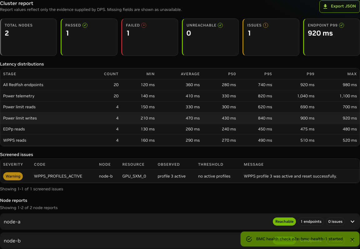 BMC report with screened issue, latency distribution, and expandable node report details.