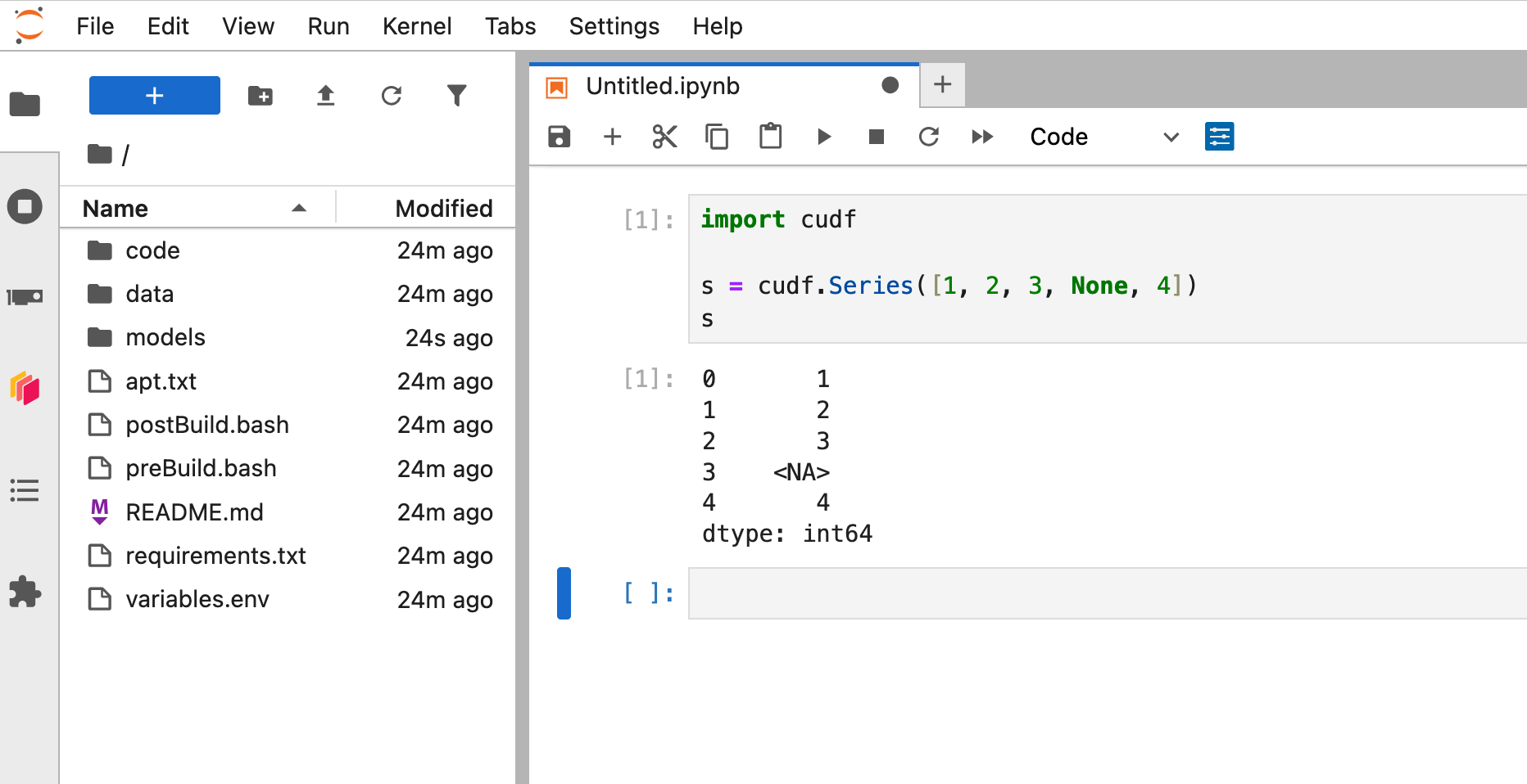 Screenshot of Jupyterlab running some cudf code to demonstrate that the libraries are available and working