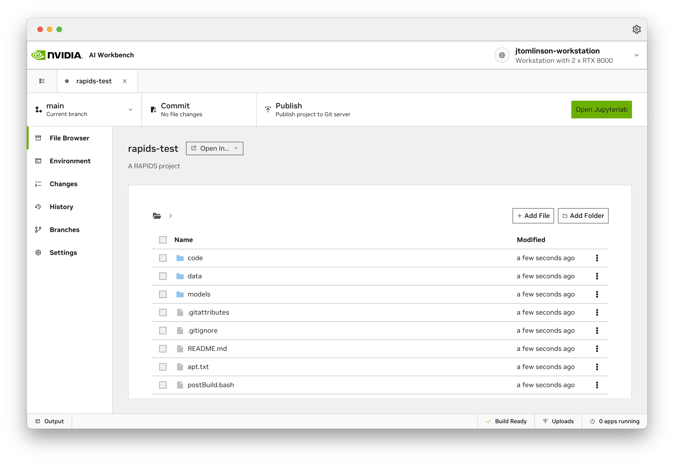 Screenshot of the AI workbench UI. In the bottom corner the build status says "Build Ready" and the "Open Jupyterlab" button is highlighted