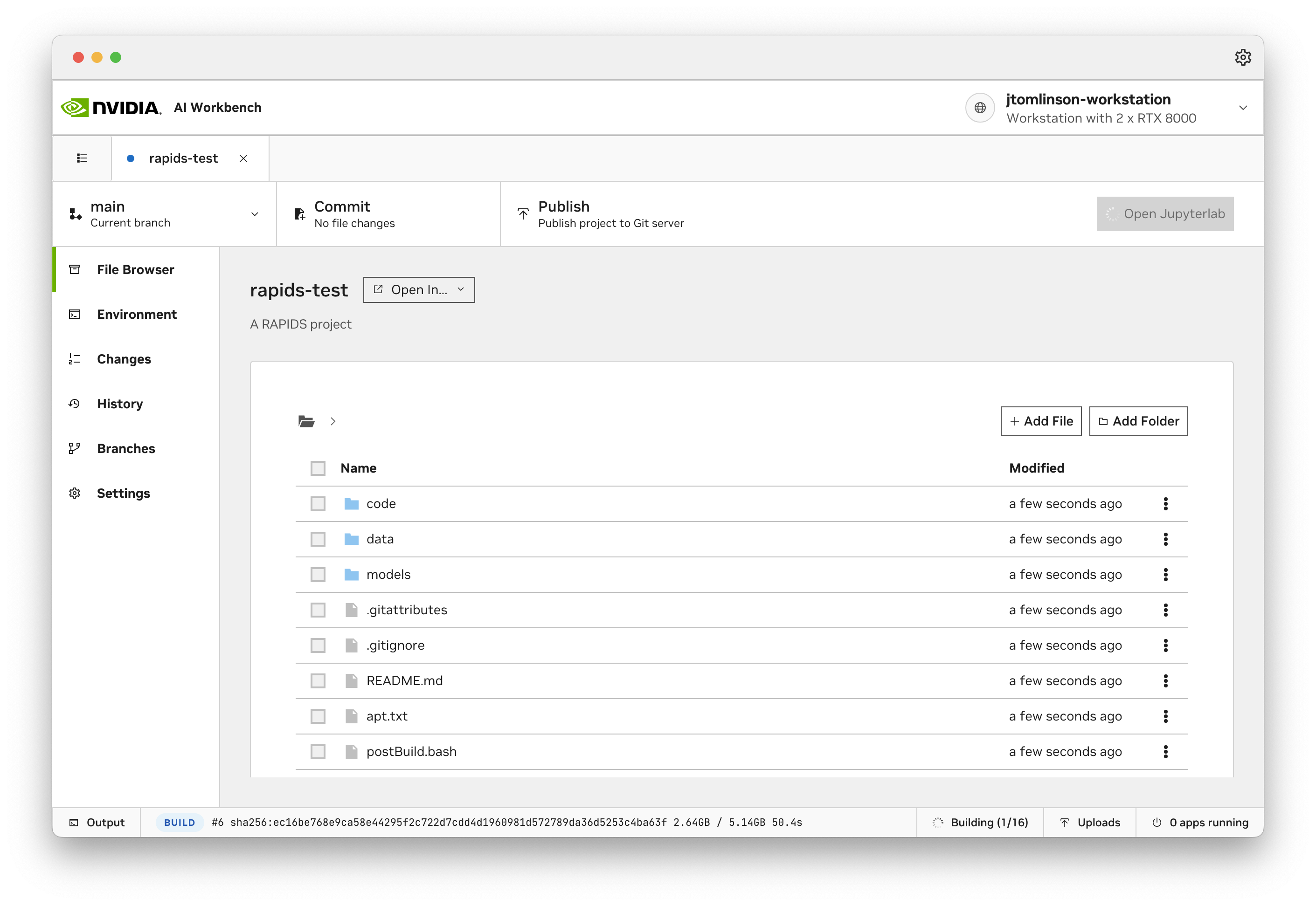 Screenshot of the AI workbench UI. In the bottom corner the build status says "Building" and the "Open Jupyterlab" button is greyed out