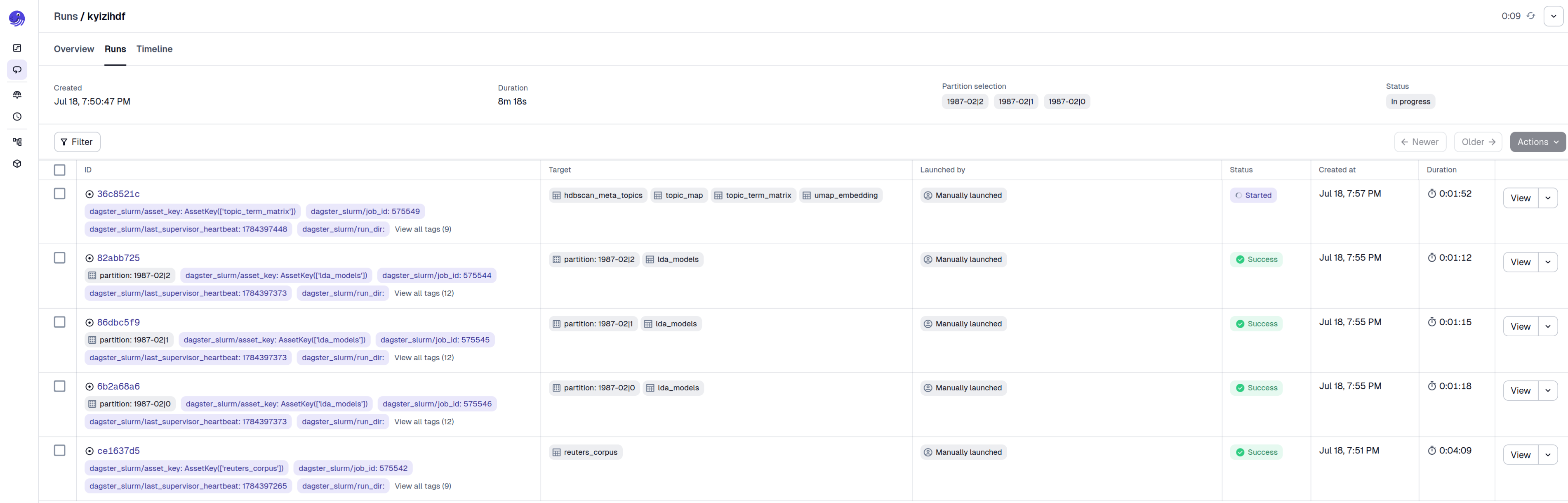 Backfill run list: each lda_models partition is a separate run with its own Slurm job id