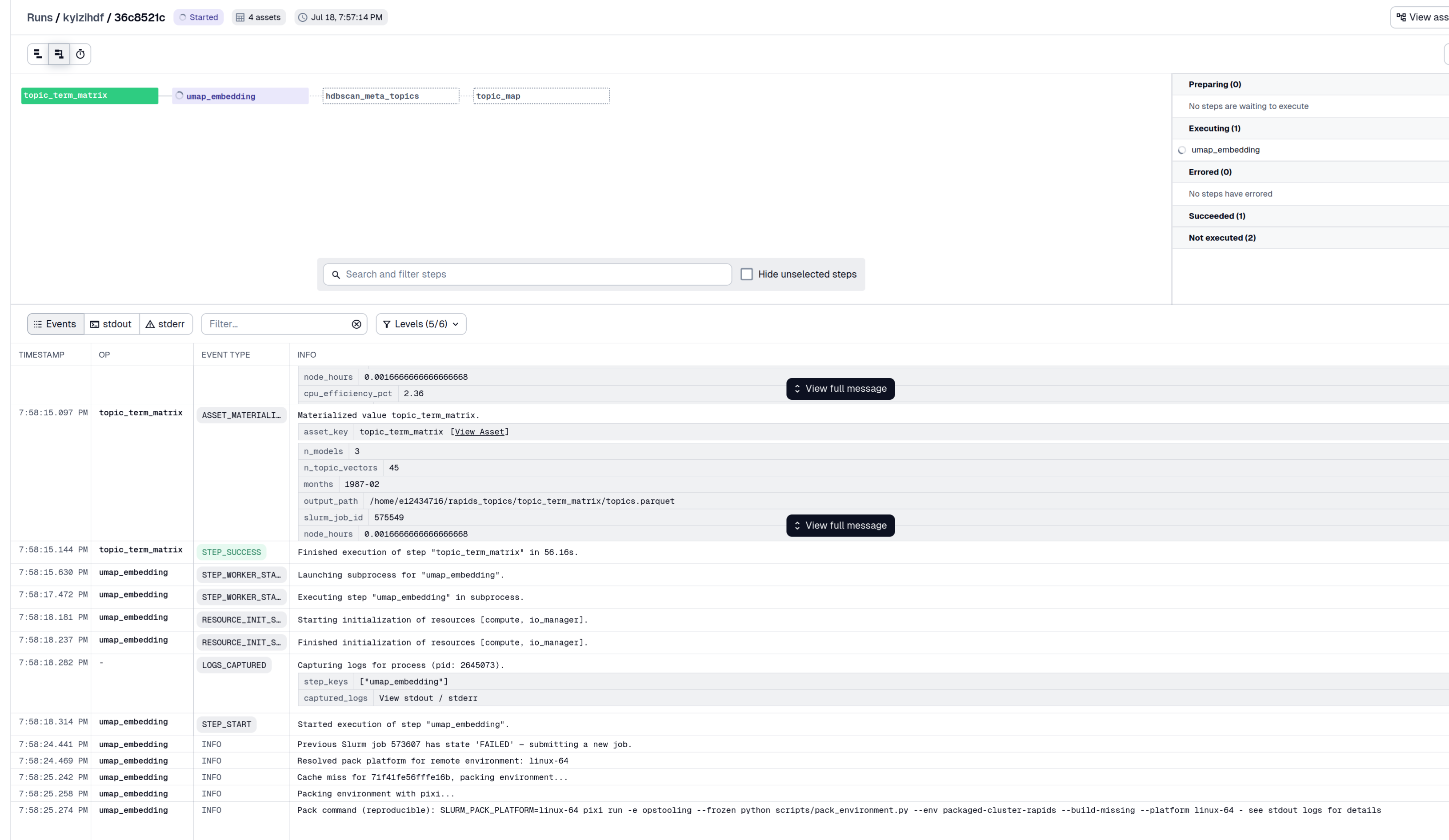 Event log of a downstream run: environment packing, submission, and state transitions