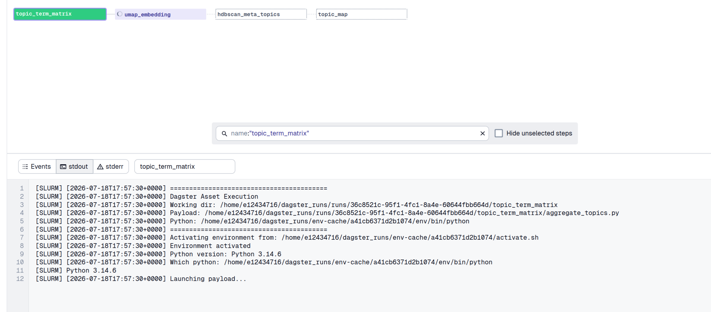 Slurm job stdout streamed into the Dagster UI: environment activation and payload launch
