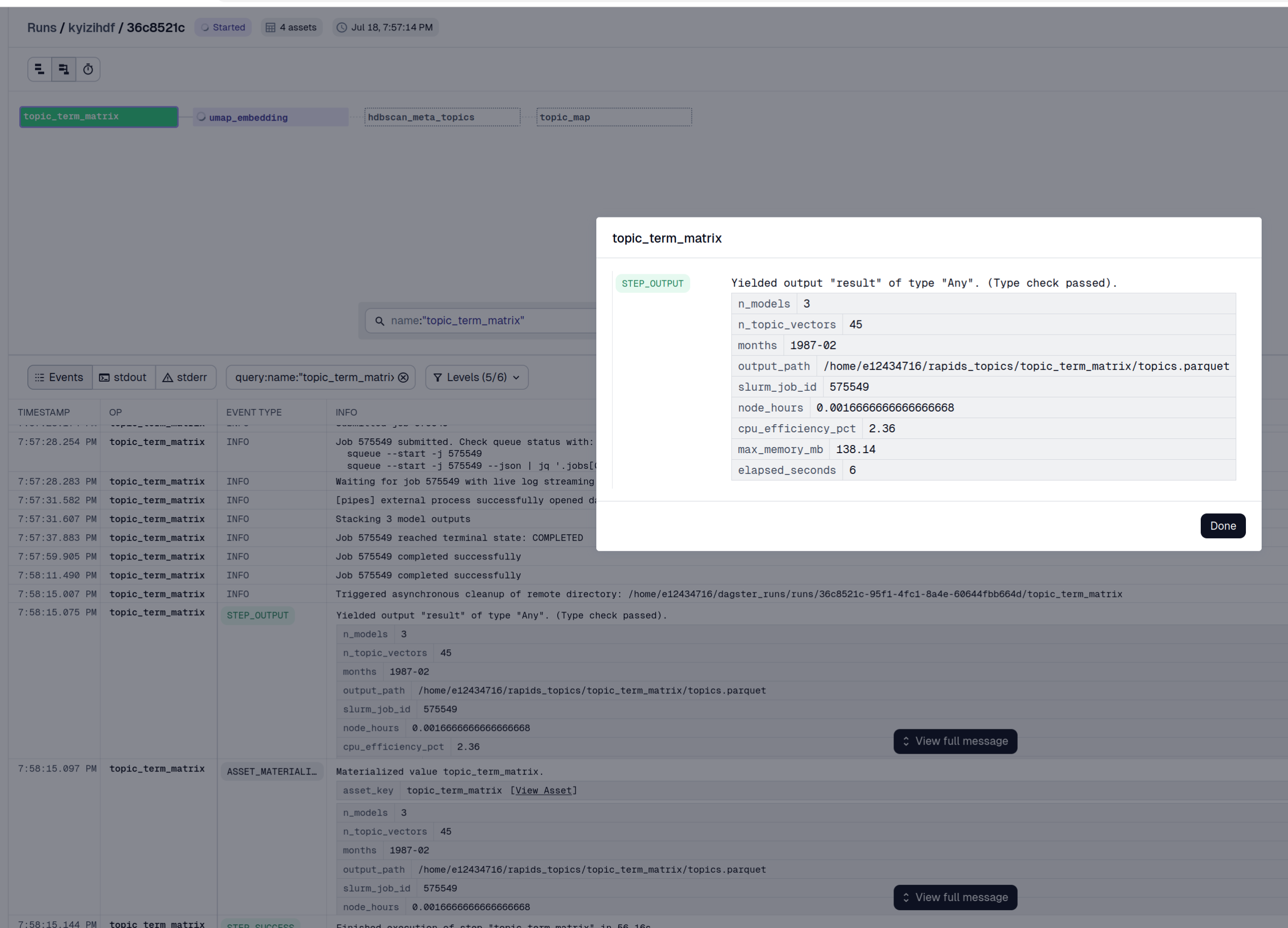 STEP_OUTPUT of topic_term_matrix: model count, output path, Slurm job id, efficiency metrics