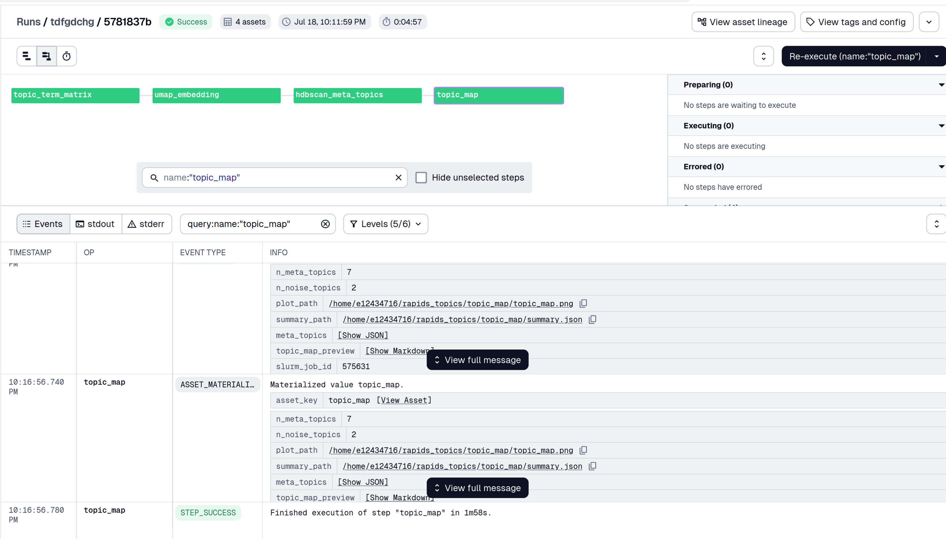 topic_map run view: all downstream stages green, materialization metadata with cluster counts, artifact paths, and Slurm job id