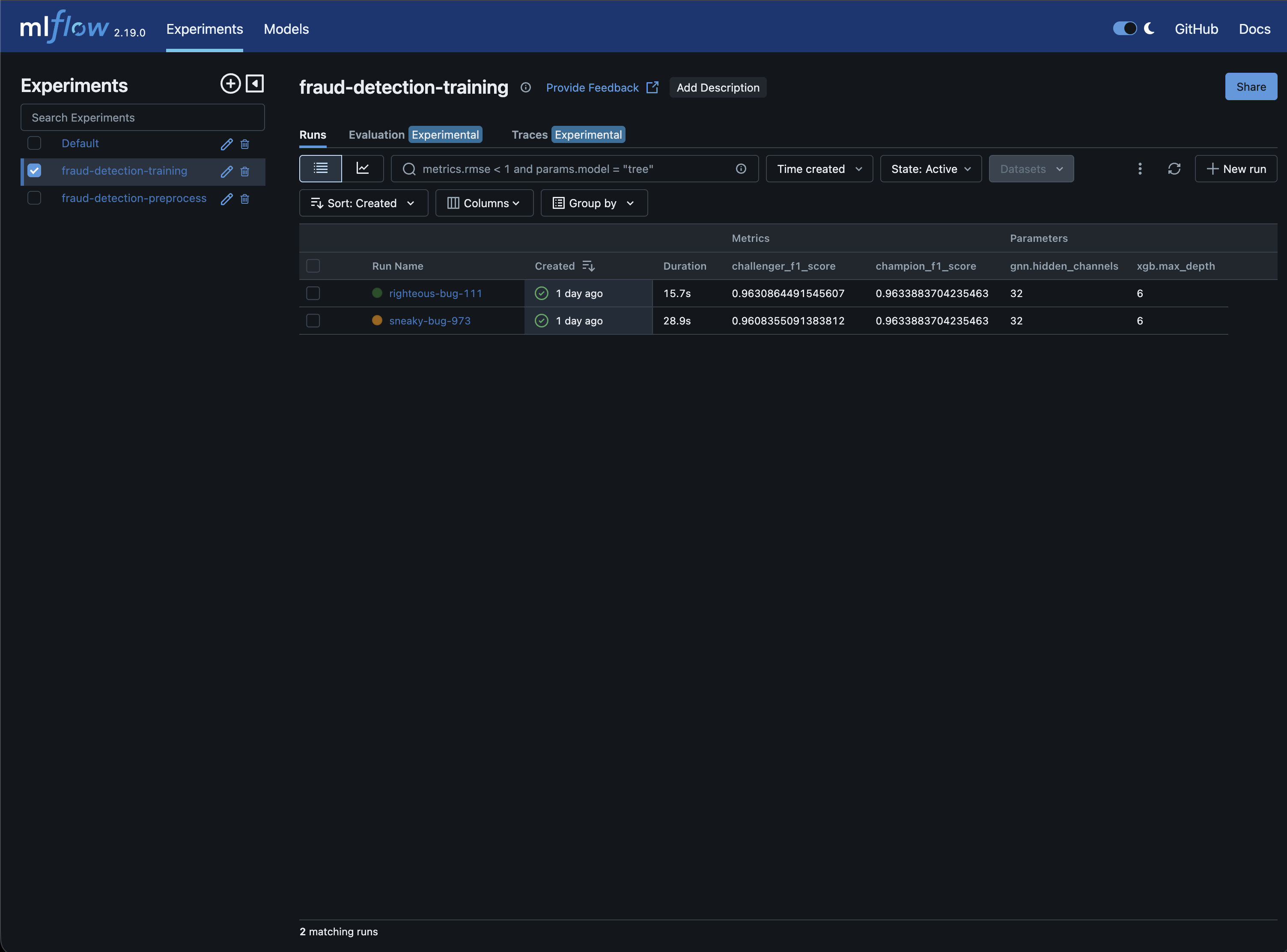 MLflow experiment table with training runs
