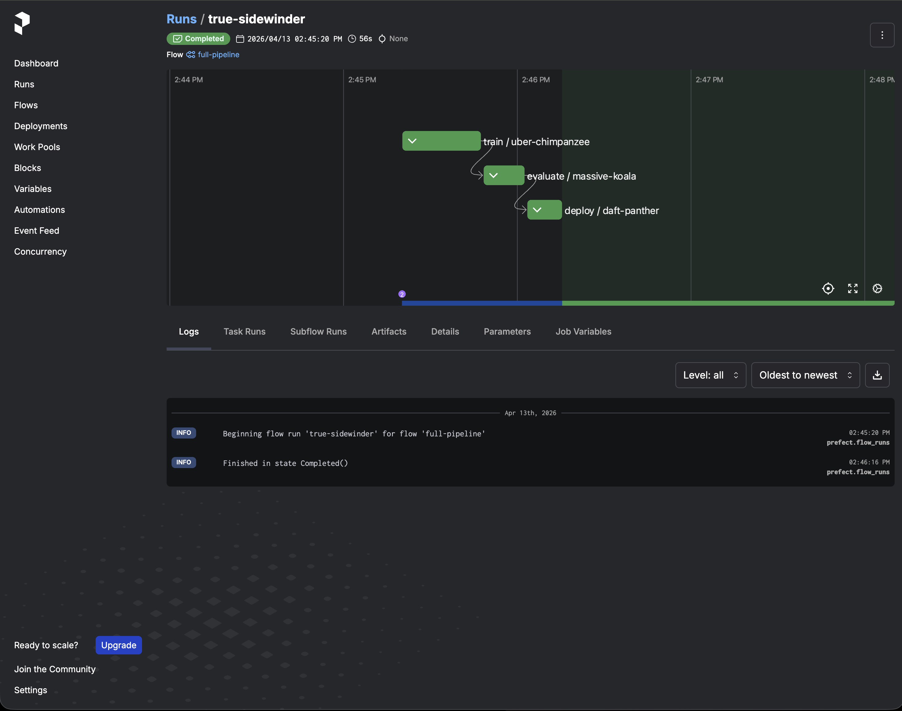 Prefect flow run showing subflow hierarchy