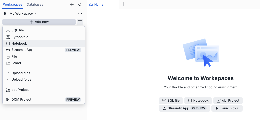Screenshot of how to access create new notebook on workspace