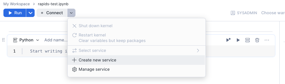 Screenshot of how to create a new service to connect the new notebook