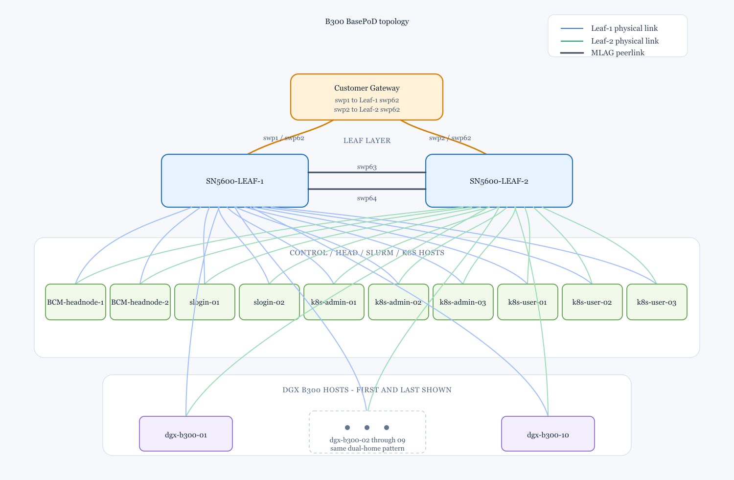 Physical connectivity topology for the B300 BasePOD network.