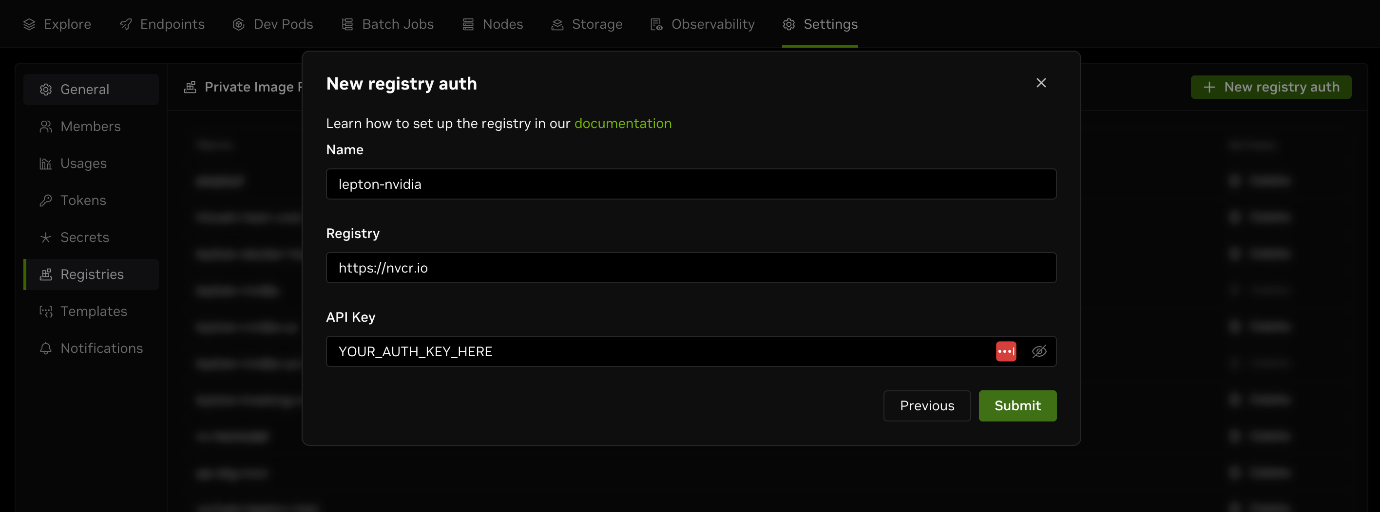 Create registry auth