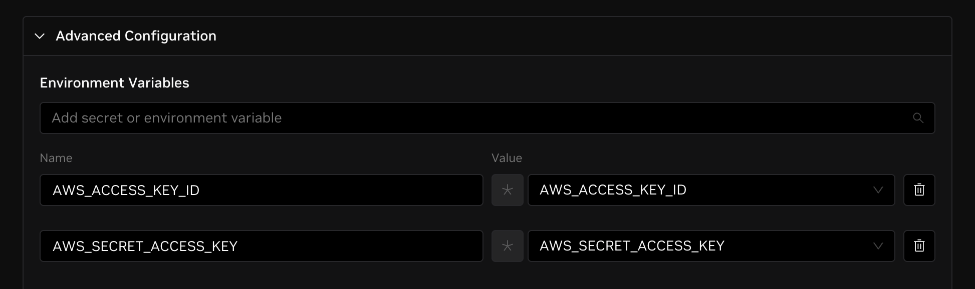 Add AWS secrets as environment variables