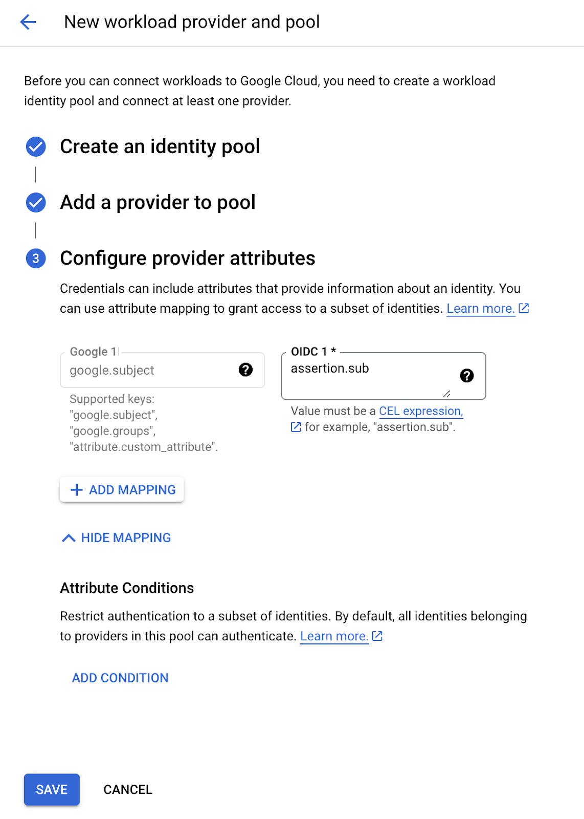Create a GCP Workload Identity Pool page 3.
