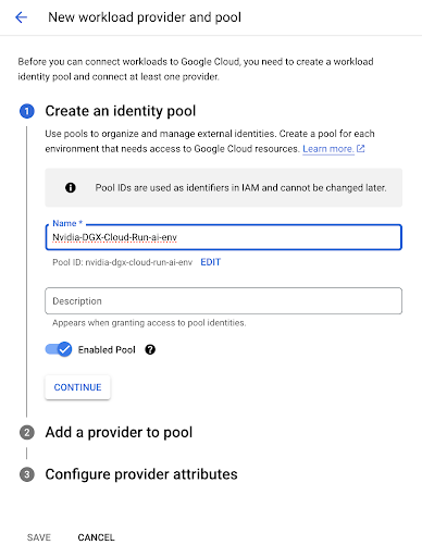 Create a GCP Workload Identity Pool page 1.