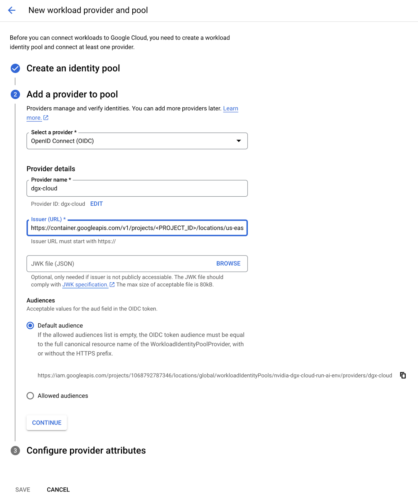 Create a GCP Workload Identity Pool page 2 (Cont ...).