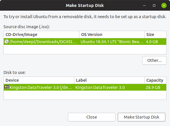 Screen capture of the Startup Disk Creator window showing a DGX Station software image and a USB flash drive selected.