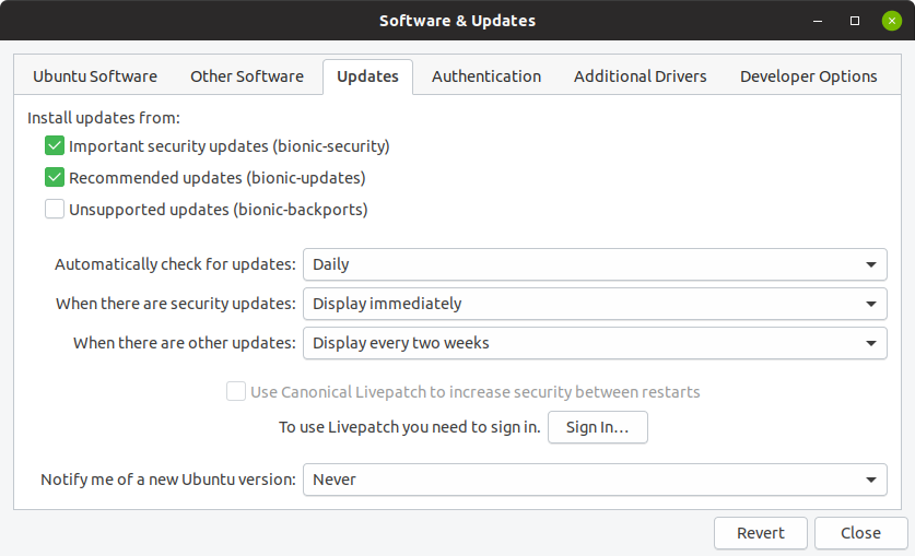 Screen capture showing the options in the Updates tab of Ubuntu Software & Updates window to check for updates daily, to display important security updates immediately, and to display other updates every two weeks.