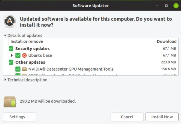 Screen capture showing the software updater window.