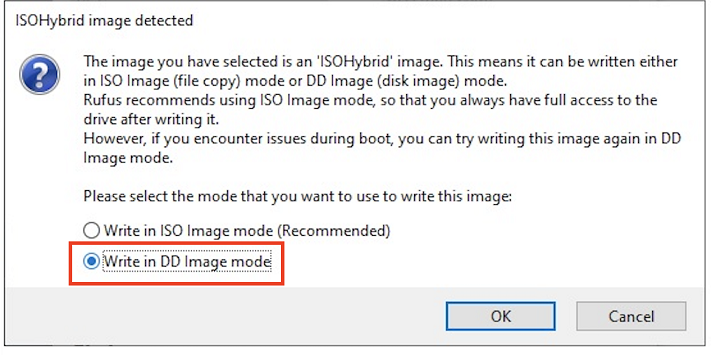 Rufus dialog prompting to write the image in ISO Image mode or DD Image mode