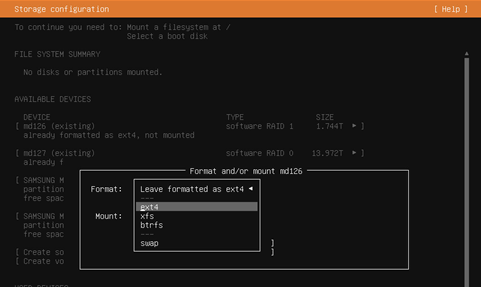 Setting the filesystem format to ext4 for the root partition