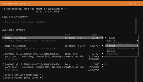 Formatting the RAID 1 system drive in the storage configuration screen