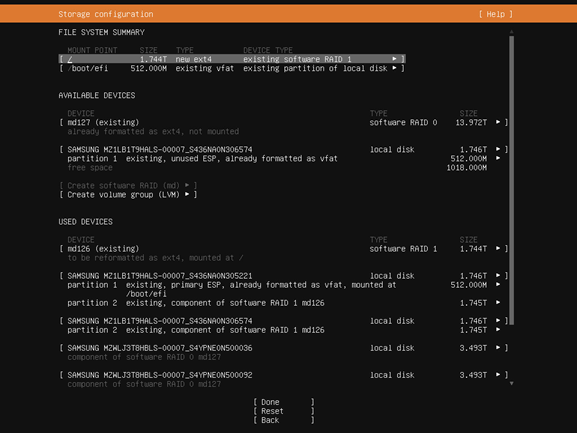 File system summary showing root and boot partitions on the RAID 1 array