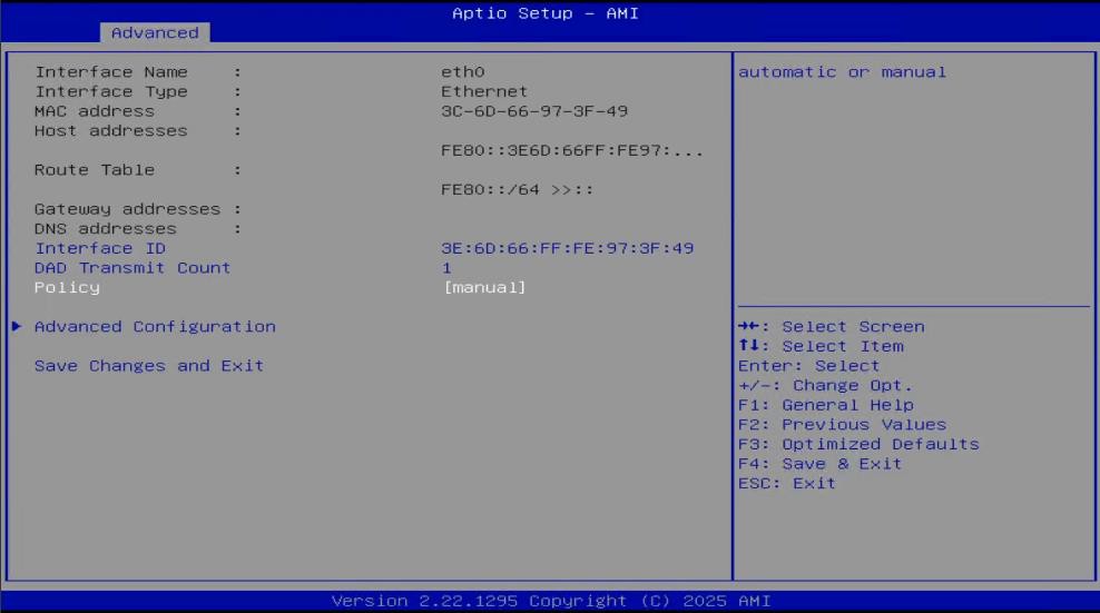 Manual IPv6 Address Configuration screen