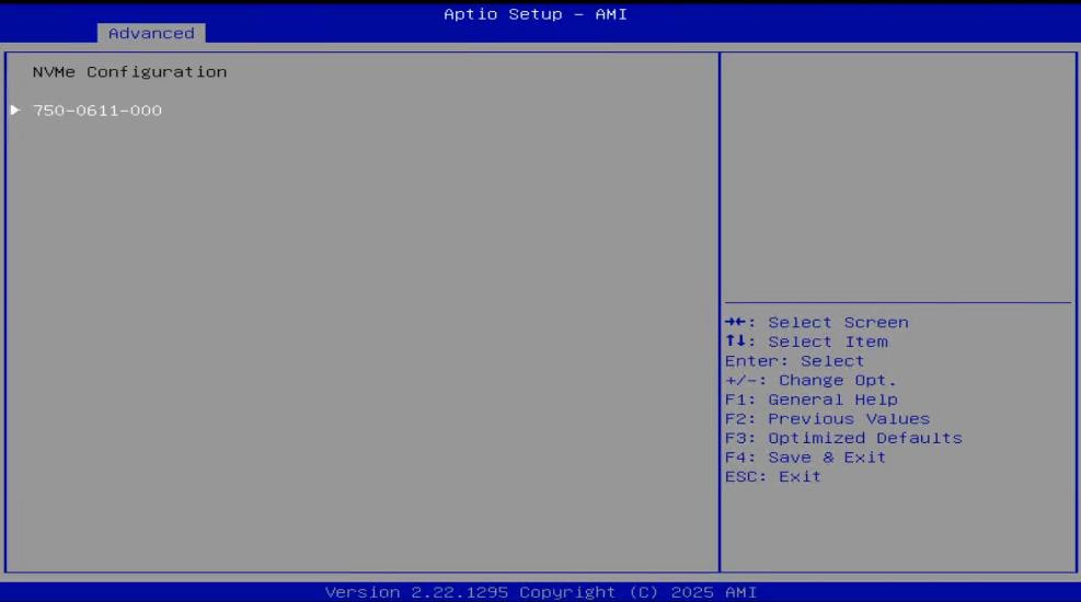 NVMe Configuration screen with device list
